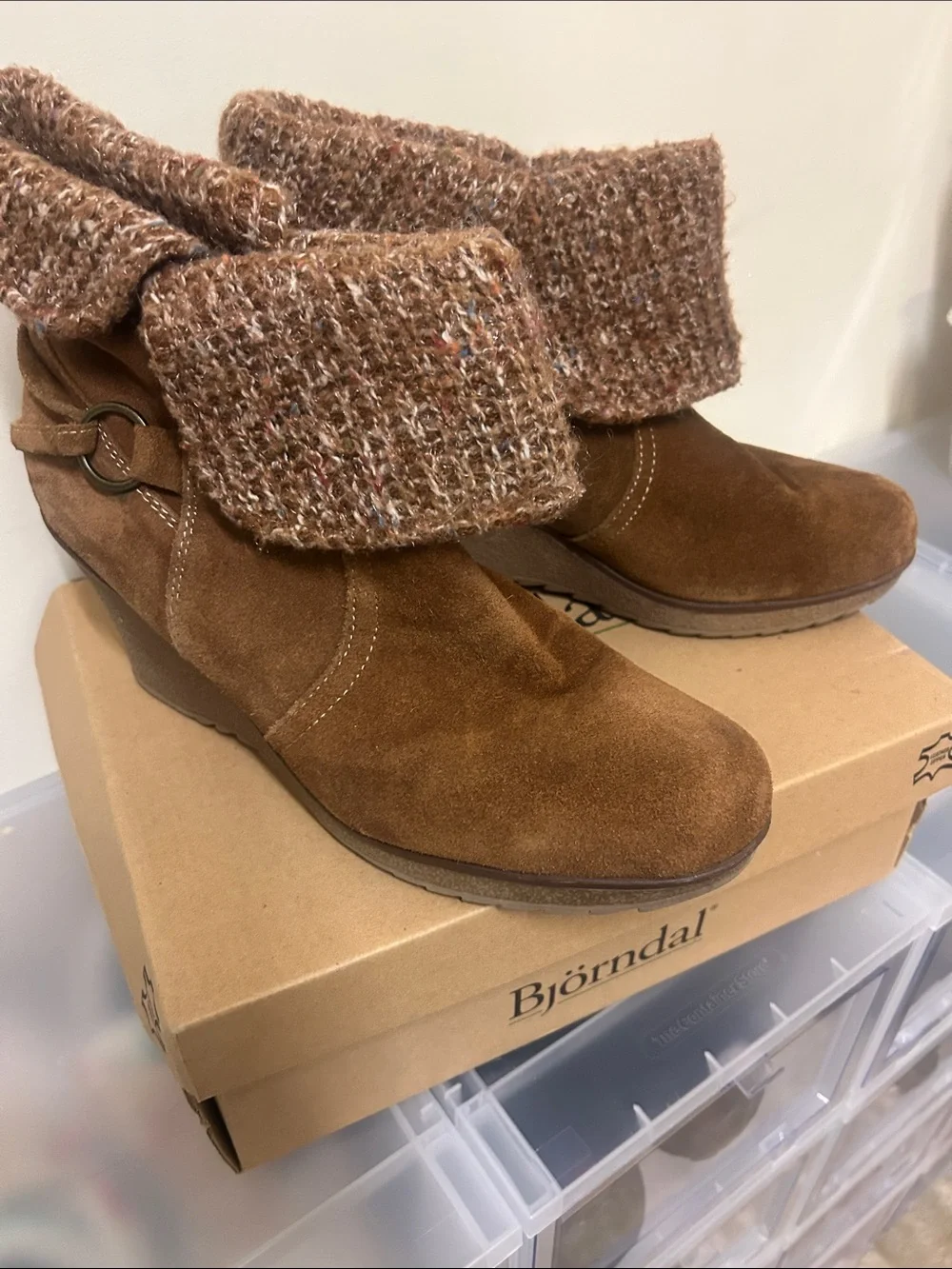 Bjorndal Chestnut Suede Fold-Over Knit Cuff Wedge Booties